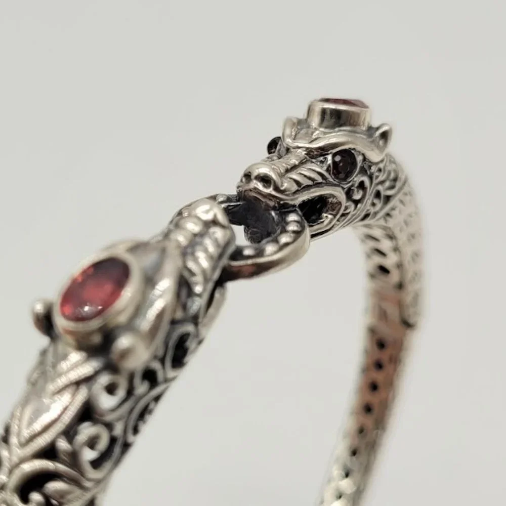 Sterling Silver Dragon Head Bangle Bracelet - Silver